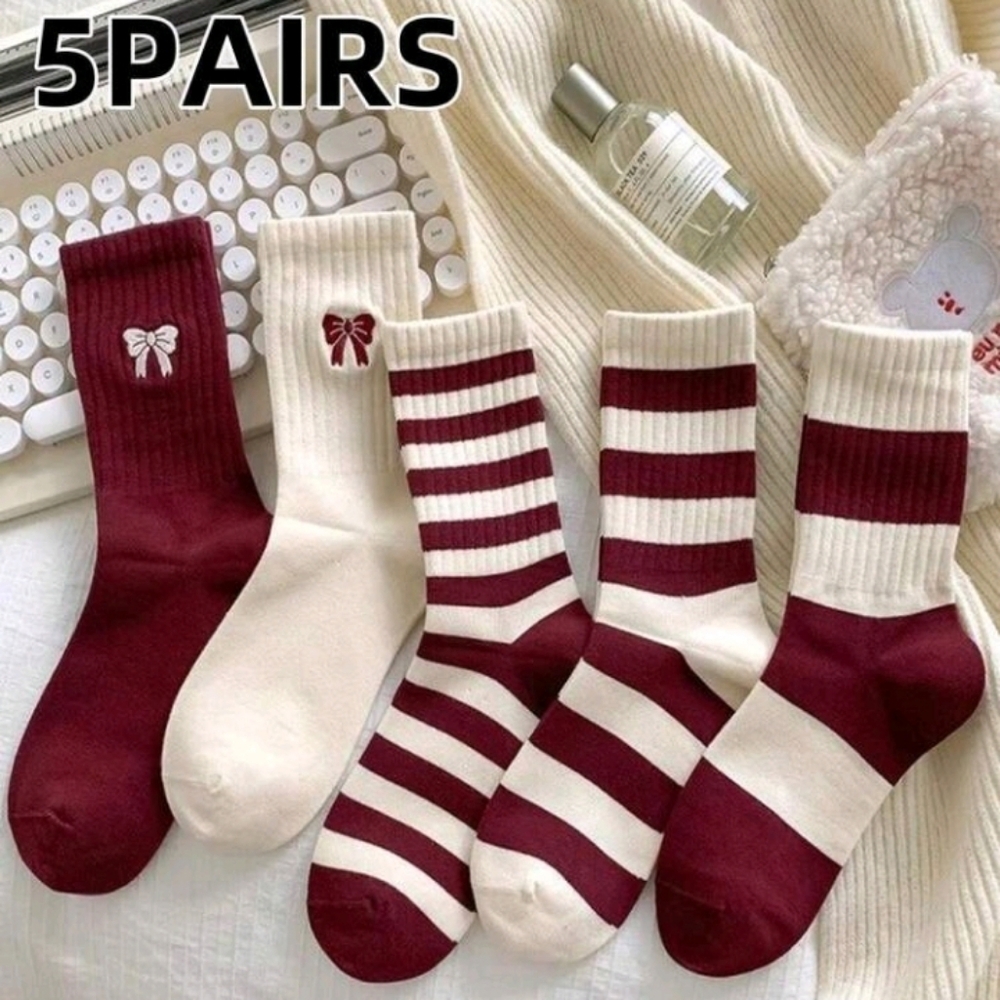 Stylish Maroon And Off White Solid And Stripes Socks Set Of 5